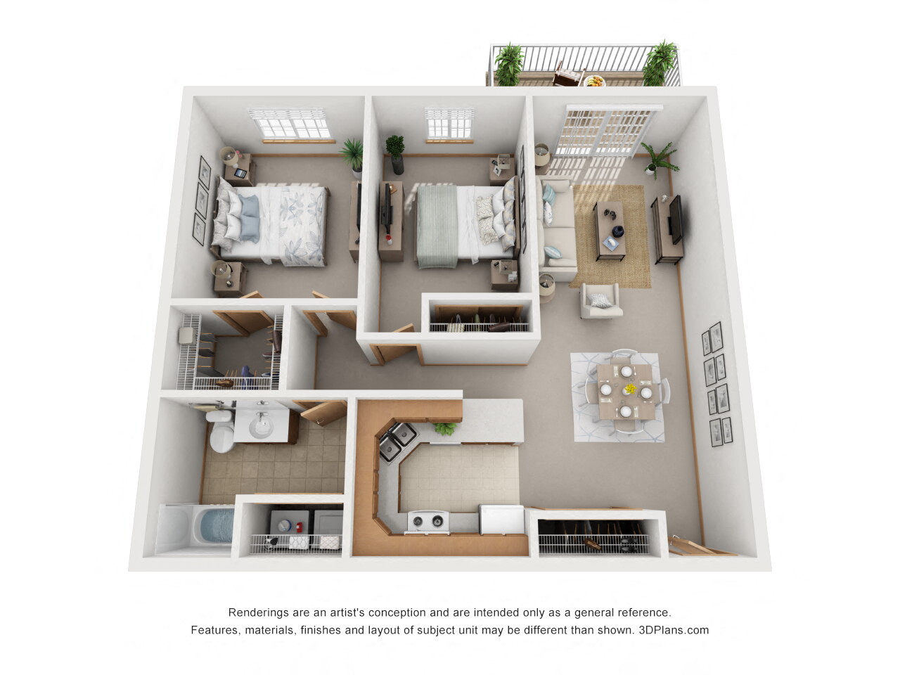 Floor plan for 2 beds, 1 bath, 980 sqft